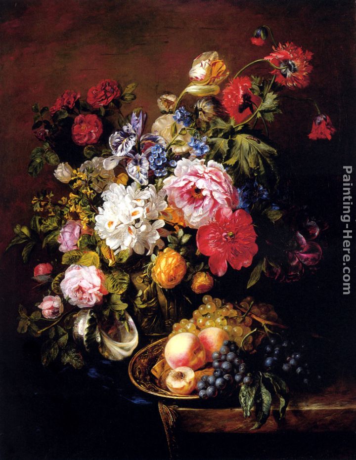 Roses, Peonies, Poppies, Tulips And Syringa In A Terracotta Pot With Peaches And Grapes On A Copper Ewer On A Draped Marble Ledge painting - Adriana-Johanna Haanen Roses, Peonies, Poppies, Tulips And Syringa In A Terracotta Pot With Peaches And Grapes On A Copper Ewer On A Draped Marble Ledge art painting